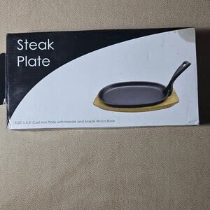 Cast Iron Sizzling Steak Plate Set 9.25" x 5.5" Handle & Maple Wood Base